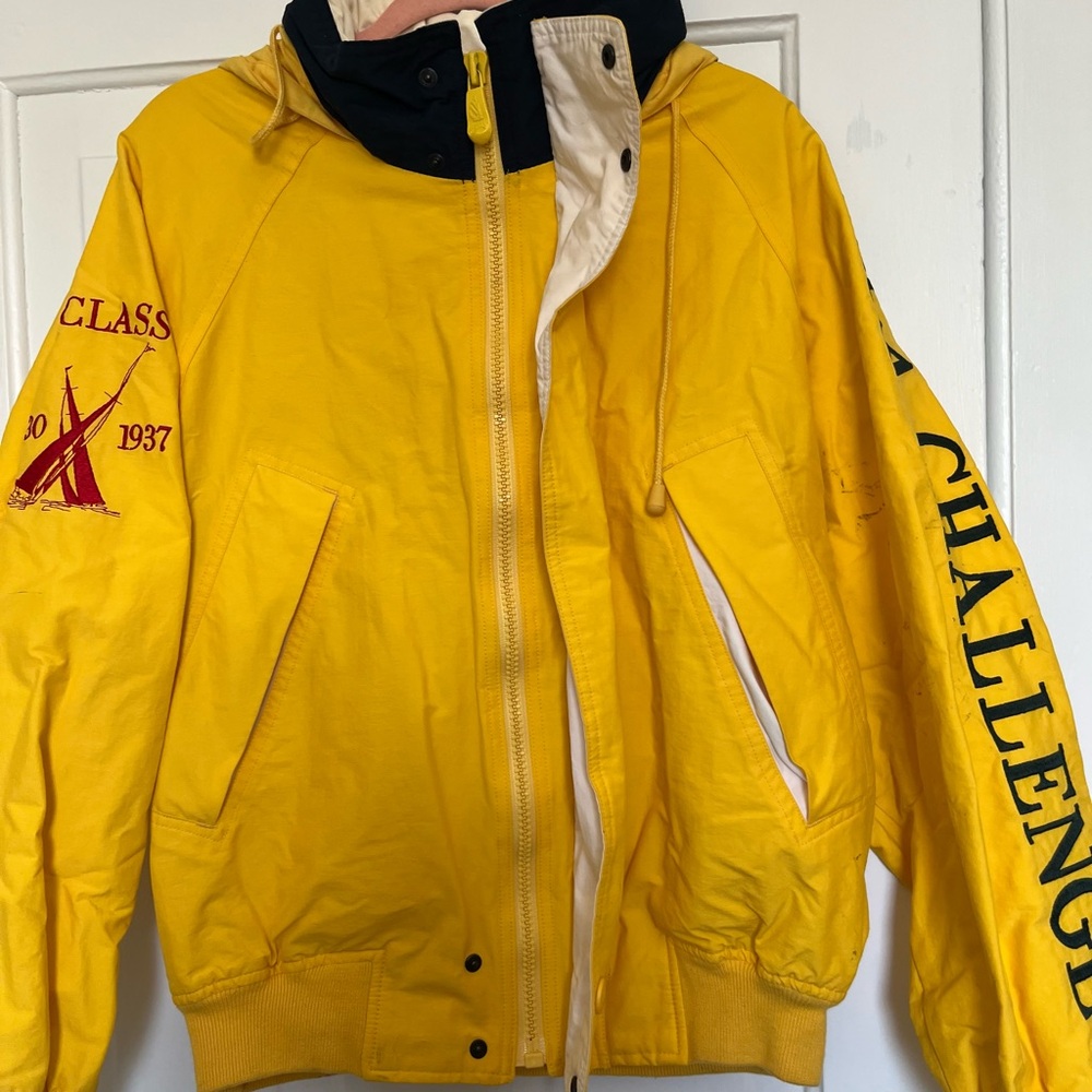 Vintage Nautica Yellow Men's Jacket with Embroidered Details